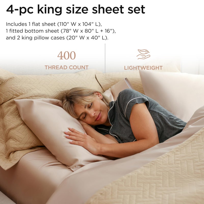 Threadmill Egyptian Cotton Sheets for King Size Bed | 100% Certified Egyptian Cotton King Bed Sheets Set | Snug Fit Elastic Deep Pocket King Sheets Soft, Breathable All Season Solid Sateen | Beige - Image 2